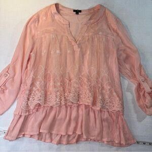 Pink Ruffled 3/4 Sleeve Blouse Women Large